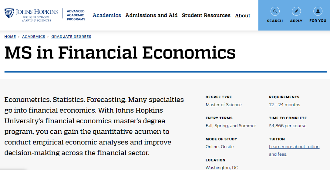 约翰霍普金斯大学开设金融经济学硕士啦，下月开始申请！不要GRE/GMAT！