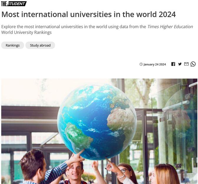 THE2024全球国际化大学排名出炉，香港城市大学首次领跑世界第一！