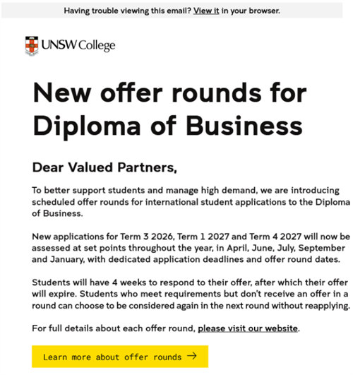 澳洲新南威尔士大学商科国际大一分轮录取正式上线！